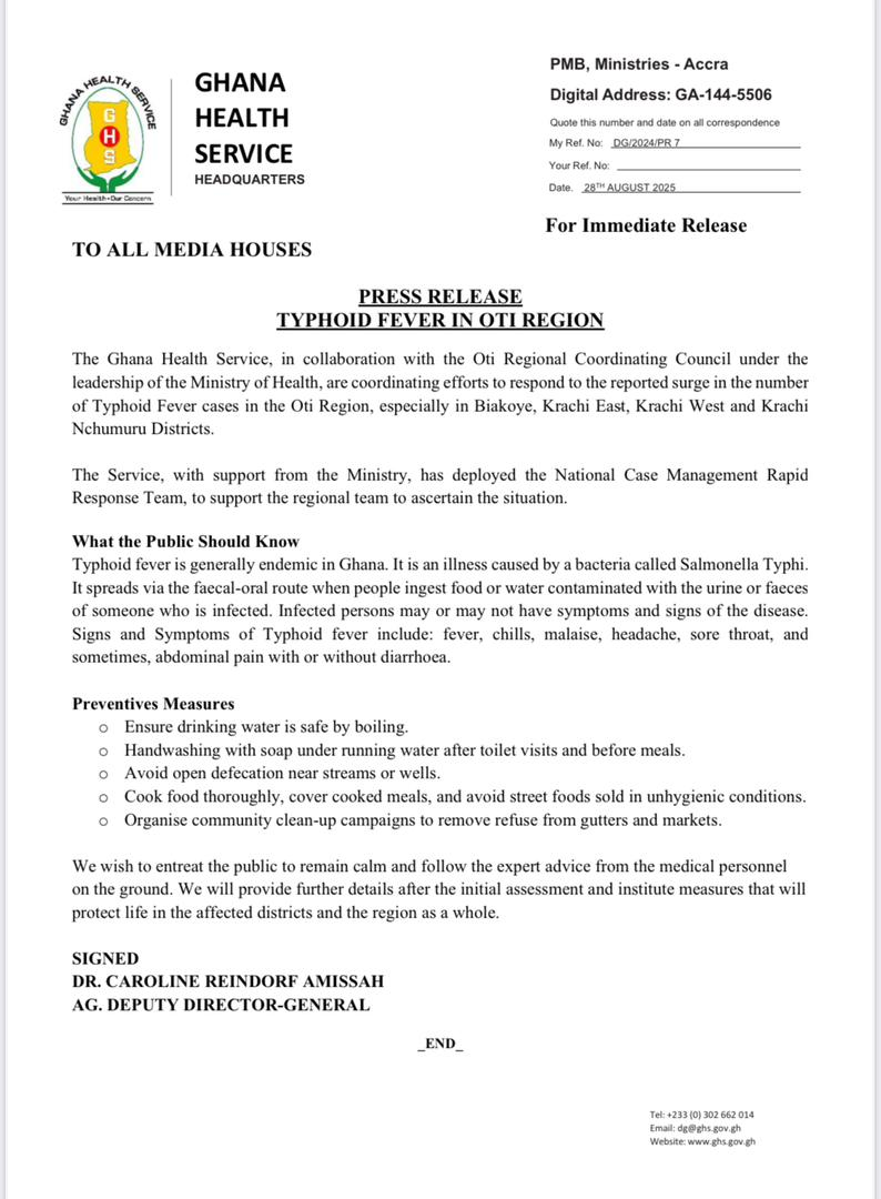 GHS confirms surge in typhoid cases in Oti Region